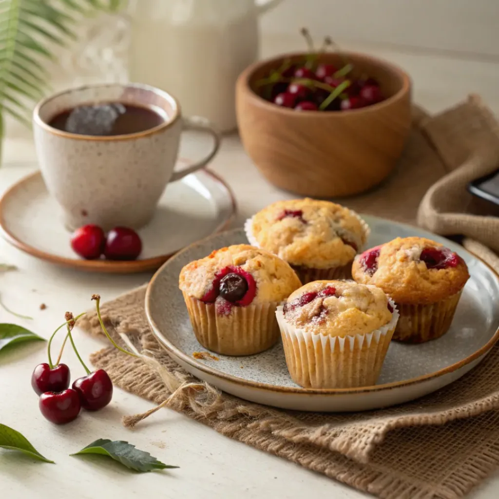 Cherry cobbler muffins served with coffee