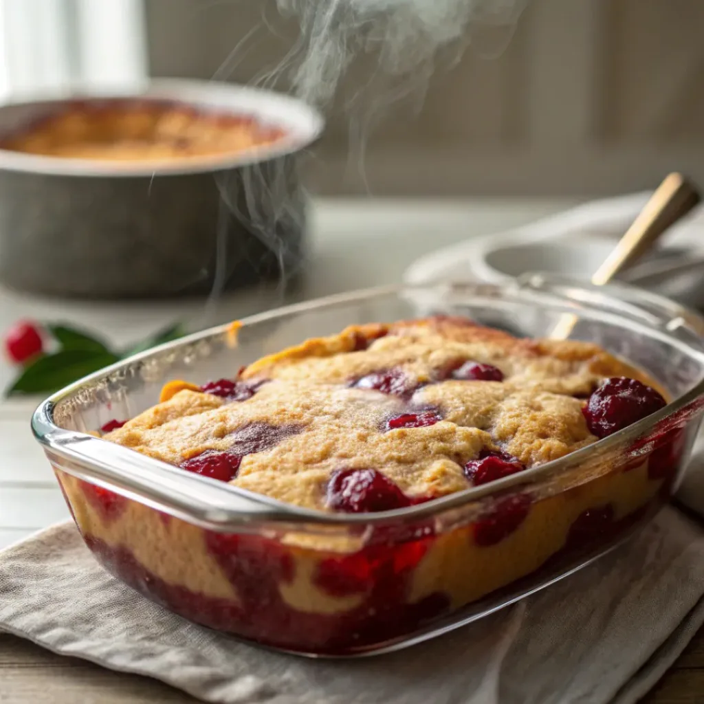 Cherry dump cake with golden topping and cherry filling