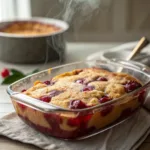 Cherry dump cake with golden topping and cherry filling