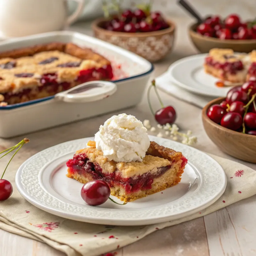 Slice of cherry dump cake with ice cream