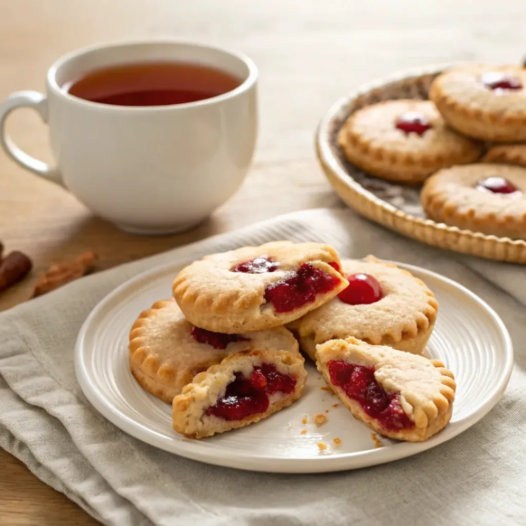 Cherry pie cookies served with a cup of tea