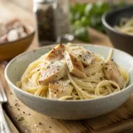 Bowl of creamy chicken carbonara pasta with Parmesan