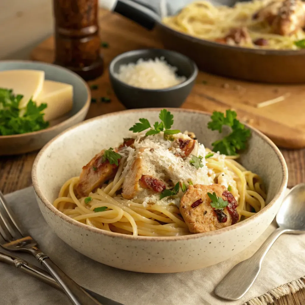 Chicken carbonara pasta served with Parmesan and parsley