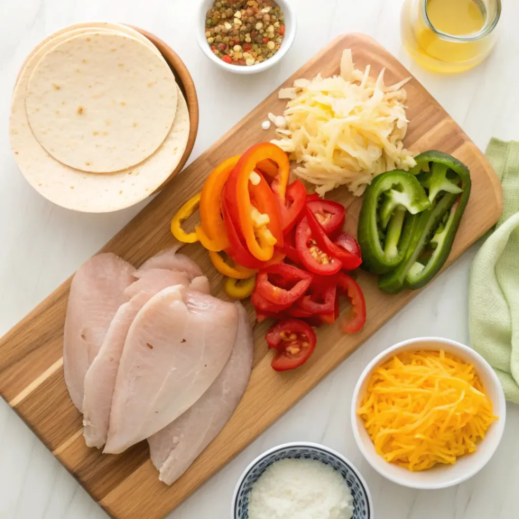 Flat lay of ingredients for chicken fajita casserole