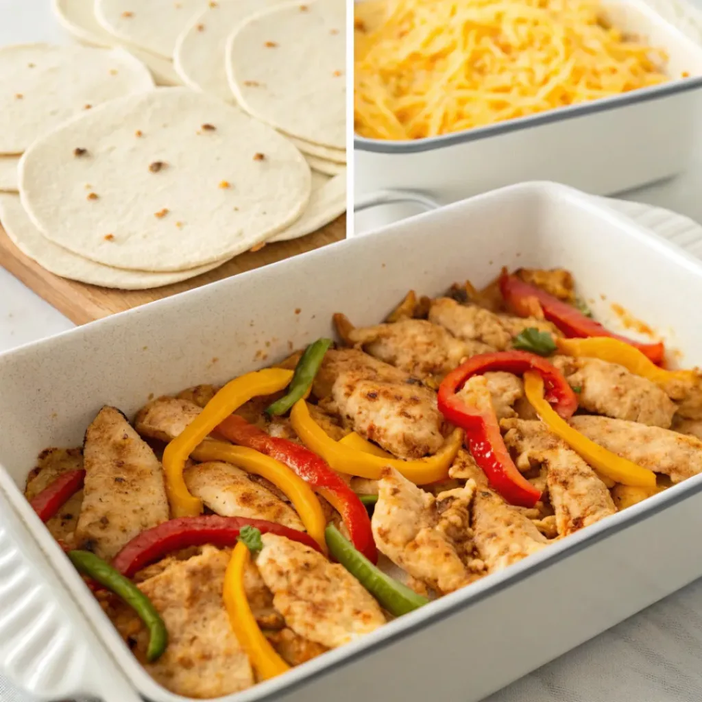 Step-by-step collage showing chicken fajita casserole preparation