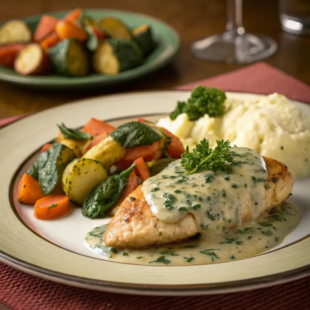 Chicken Florentine plated with roasted vegetables