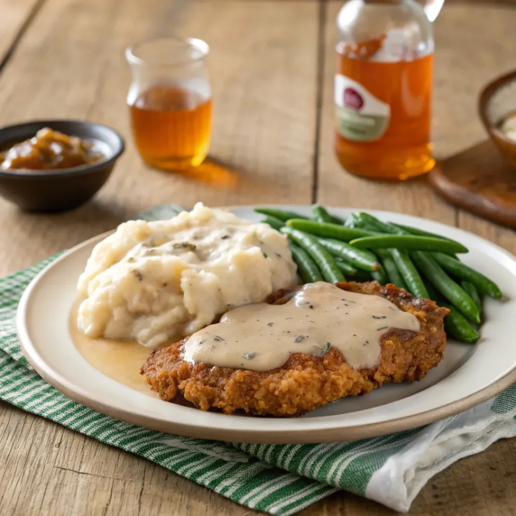 Chicken fried steak served with mashed potatoes and green beans