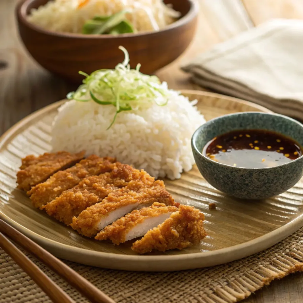 Crispy chicken katsu served with rice and cabbage