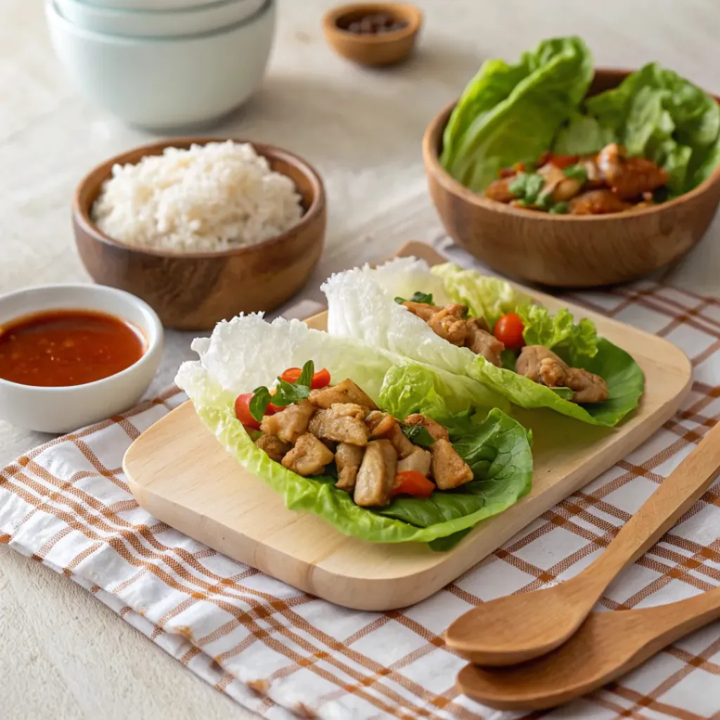 Chicken lettuce wraps served with rice and dipping sauce