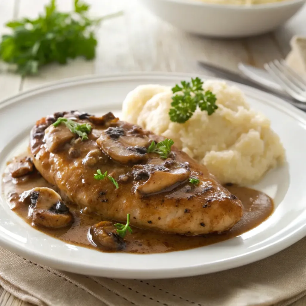 Chicken marsala with mashed potatoes ready to serve
