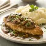 Chicken marsala served with creamy mashed potatoes