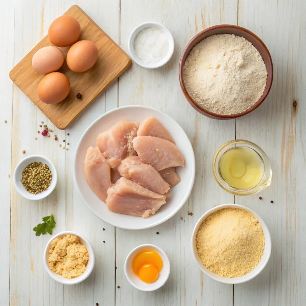 Flat lay of homemade chicken nugget ingredients