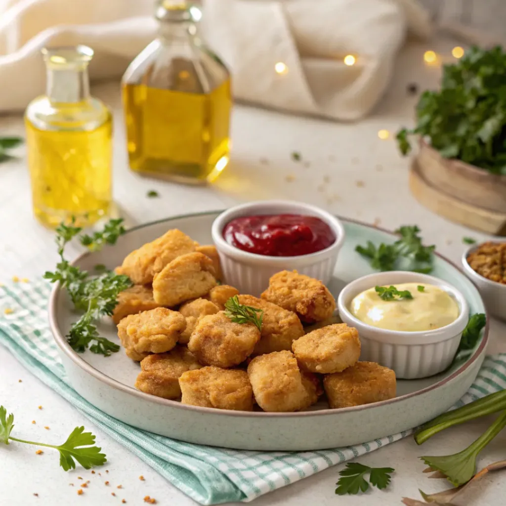 Homemade chicken nuggets served with dipping sauces