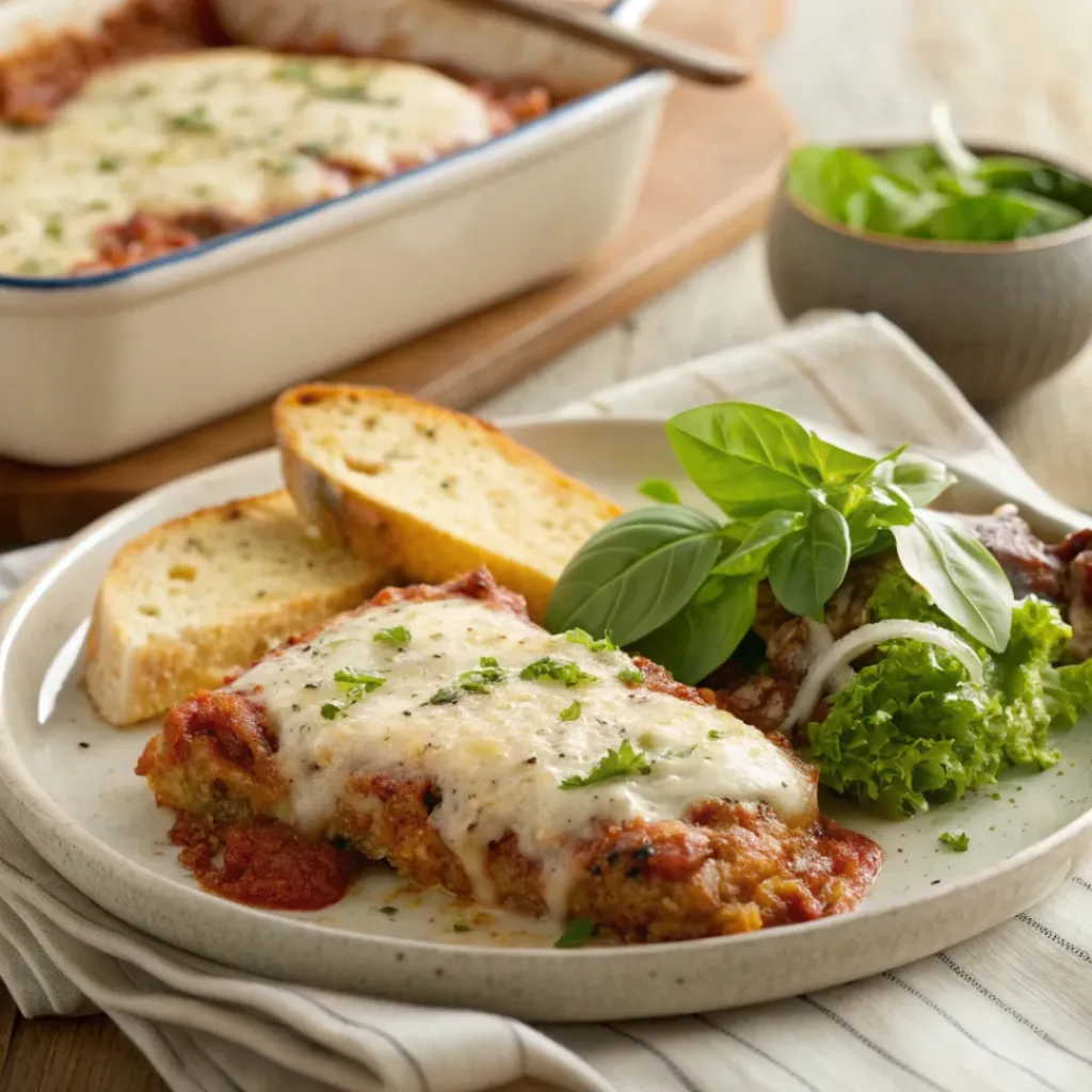 Chicken Parmesan casserole served with garlic bread and salad