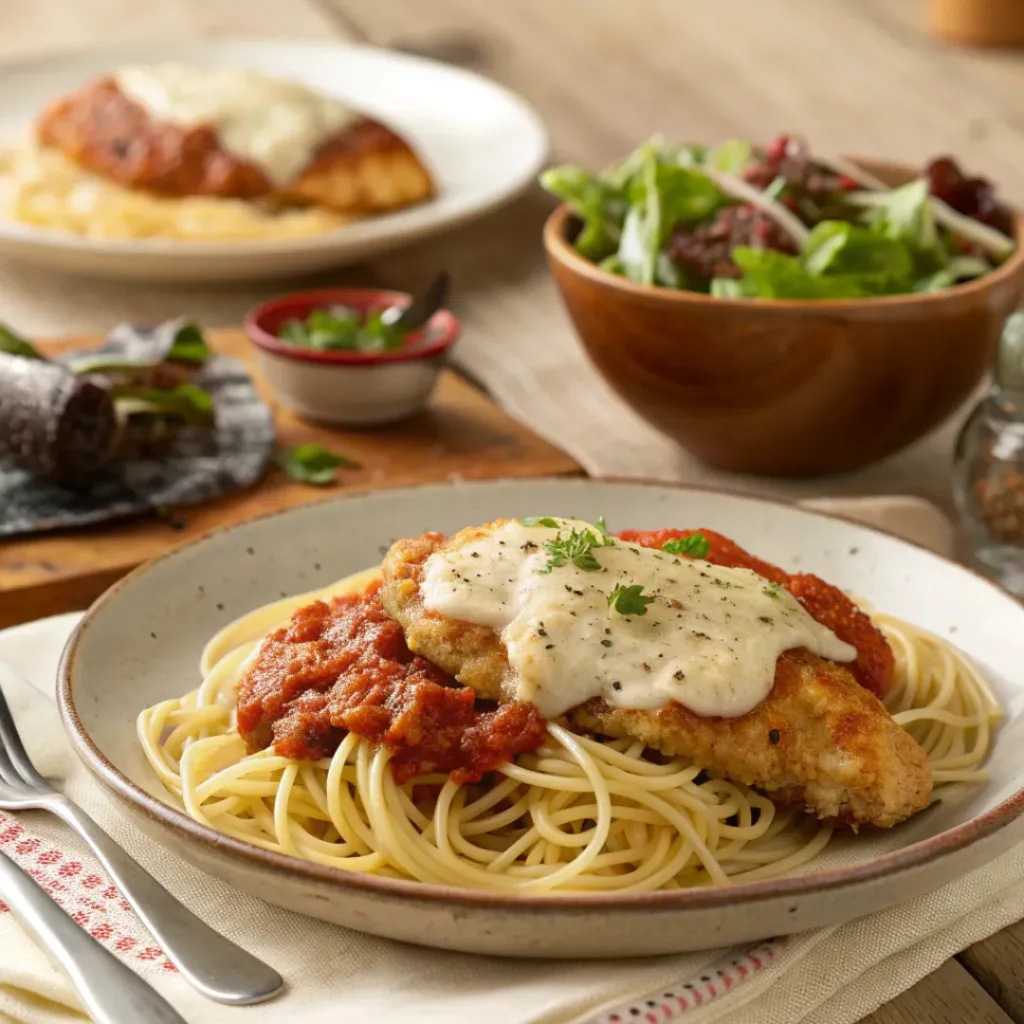 Chicken parmesan served with spaghetti and side salad