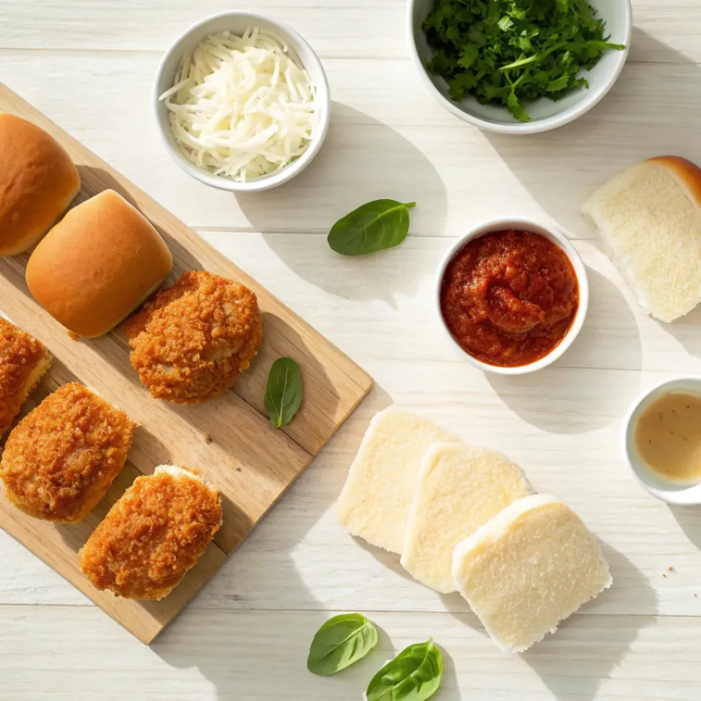 Chicken Parmesan Sliders – Cheesy, Savory Mini Sandwiches 6 Top-down view of ingredients for chicken parmesan sliders including slider buns, breaded chicken, mozzarella, Parmesan, basil, and marinara sauce