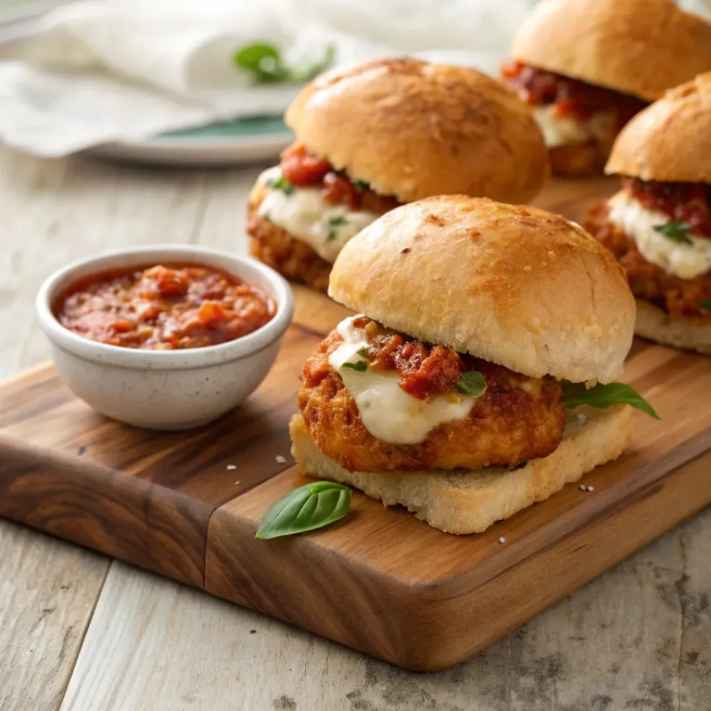 Chicken Parmesan Sliders – Cheesy, Savory Mini Sandwiches 8 Golden chicken parmesan sliders on a wooden board with melted cheese, marinara sauce, and basil, served with dipping sauce