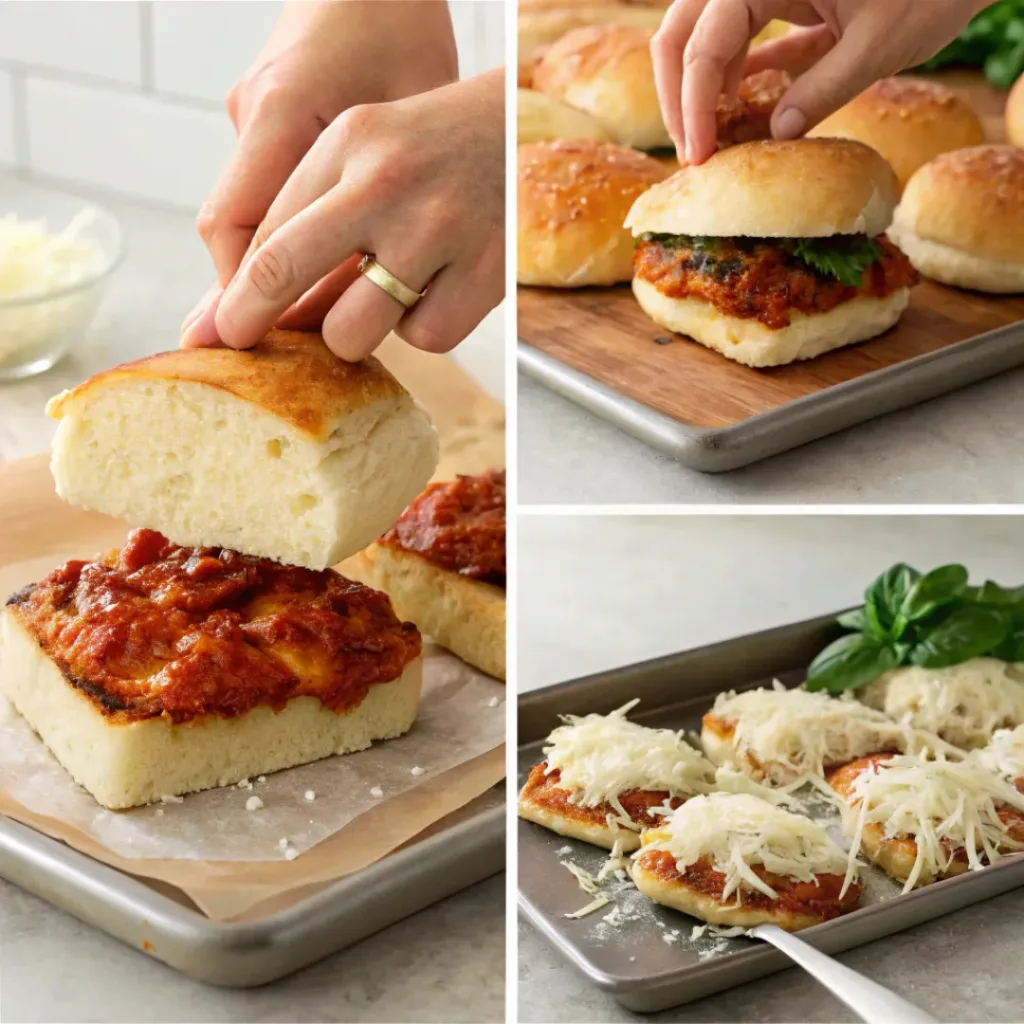 Chicken Parmesan Sliders – Cheesy, Savory Mini Sandwiches 7 Collage showing four steps to make chicken parmesan sliders: prepping buns, adding chicken, adding sauce and cheese, and pulling apart baked sliders