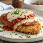 Chicken parmigiana with melted cheese and tomato sauce