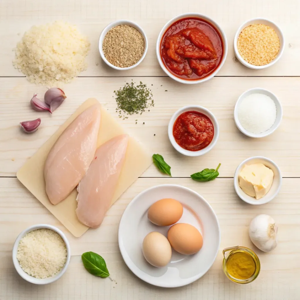 Flat lay of chicken parmigiana ingredients
