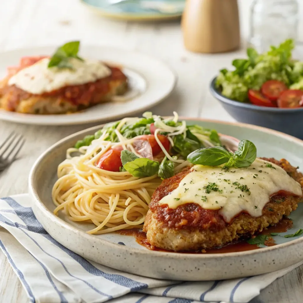 Chicken parmigiana served with pasta