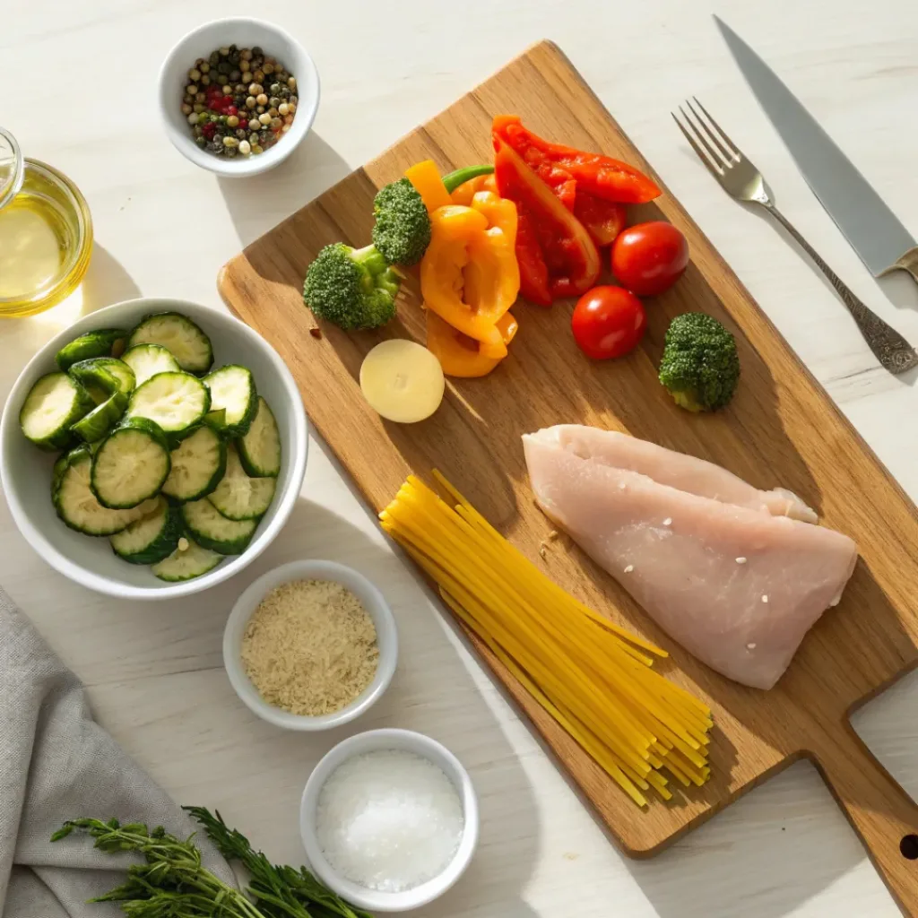 Flat lay of chicken, pasta, and vegetables for pasta primavera