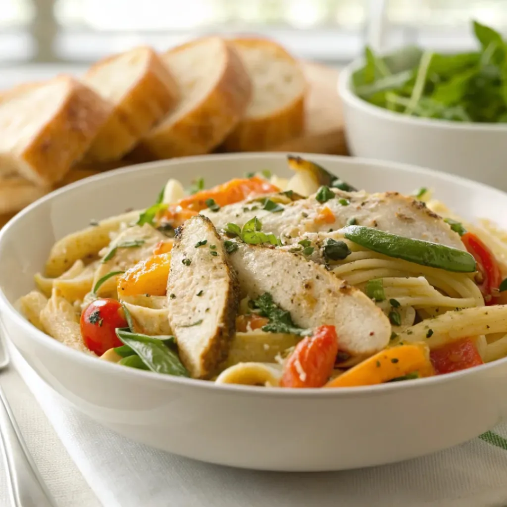 Chicken pasta primavera served with parmesan and herbs