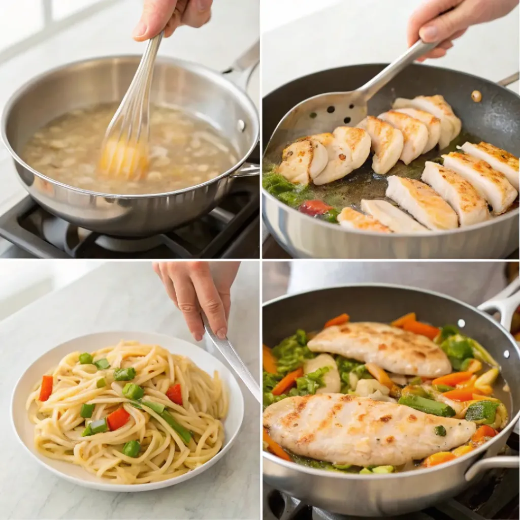 Four-panel collage showing cooking pasta, chicken, vegetables, and combining everything
