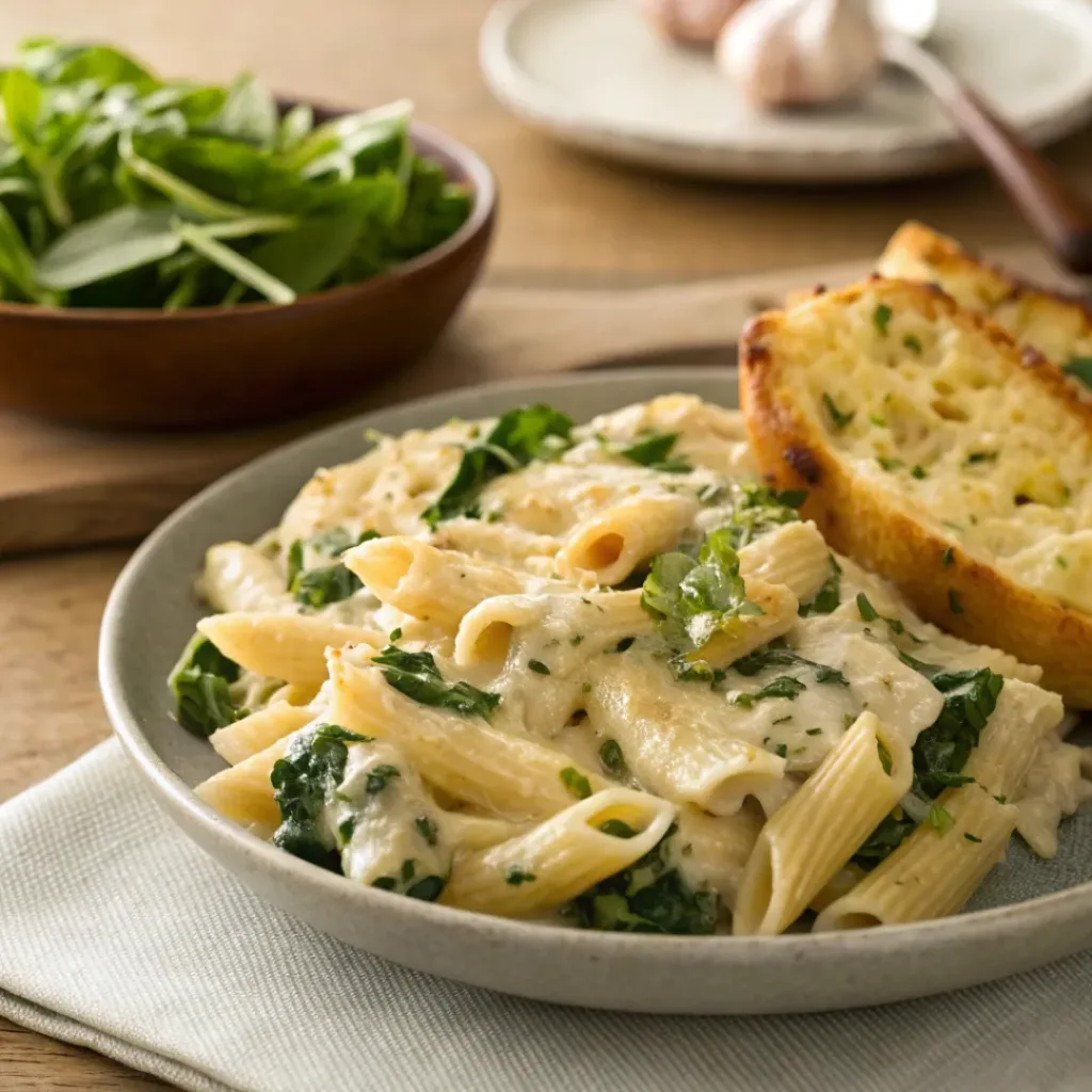 Creamy Chicken and Spinach Pasta Bake 8 Creamy chicken and spinach pasta bake served with salad