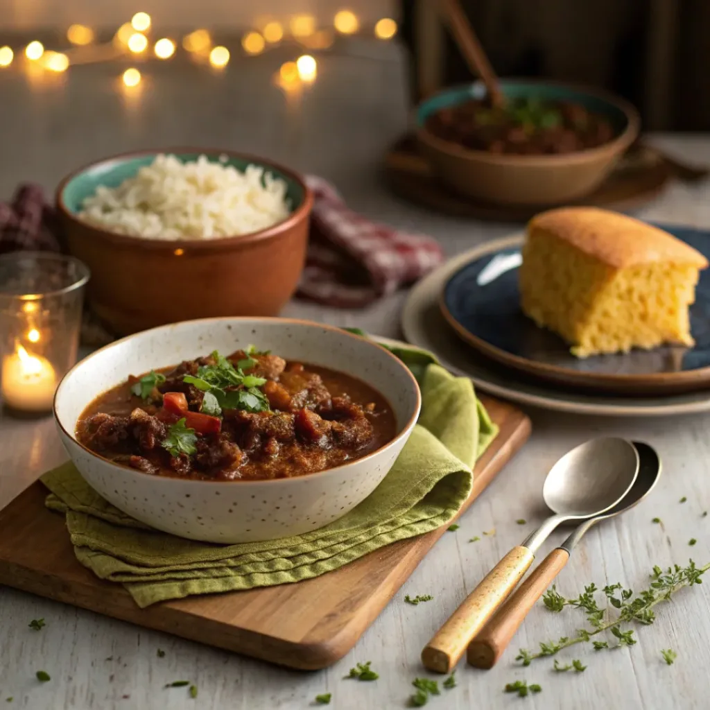 Chili con carne served with rice