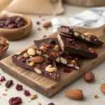 Pieces of chocolate bark with nuts and dried fruit