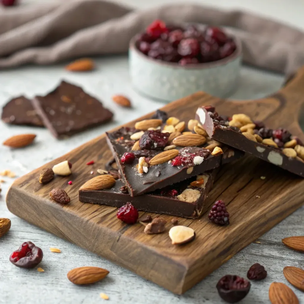 Chocolate Bark with Nuts and Fruit 8 Chocolate bark pieces served with hot cocoa