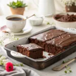 Chocolate sheet cake with slice cut to show moist interior