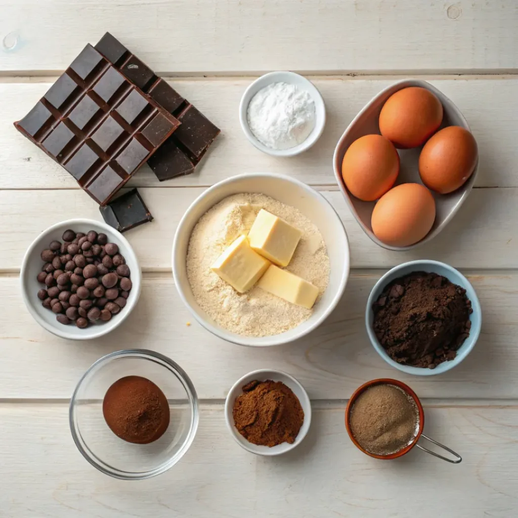 Flat lay of chocolate torte ingredients