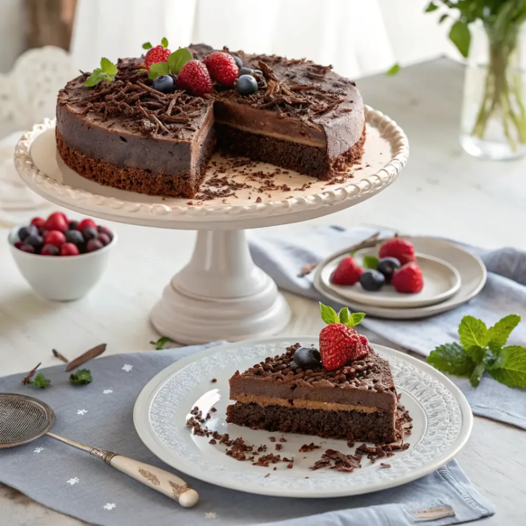 Chocolate torte slice ready to serve