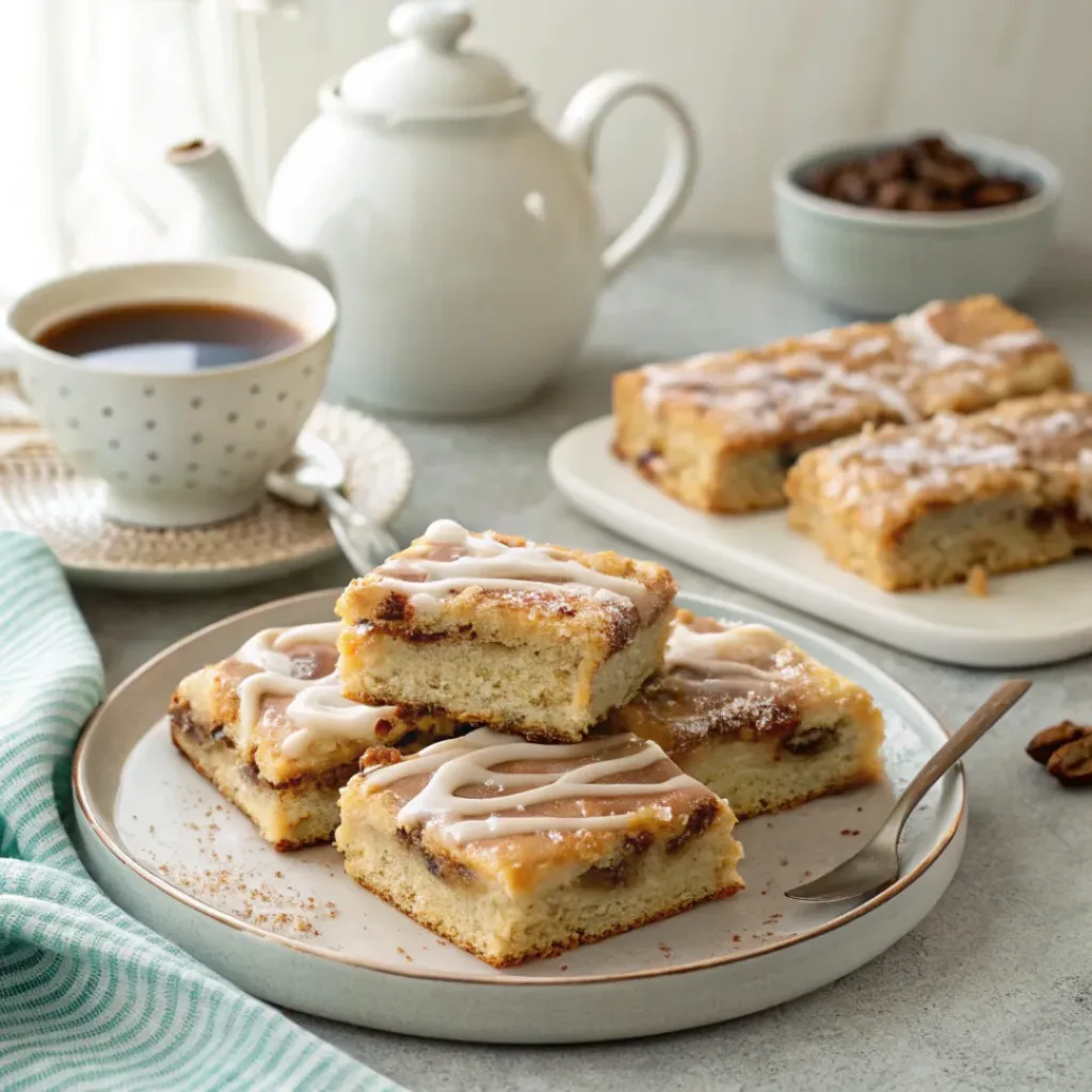 Cinnamon roll bliss bars served with coffee