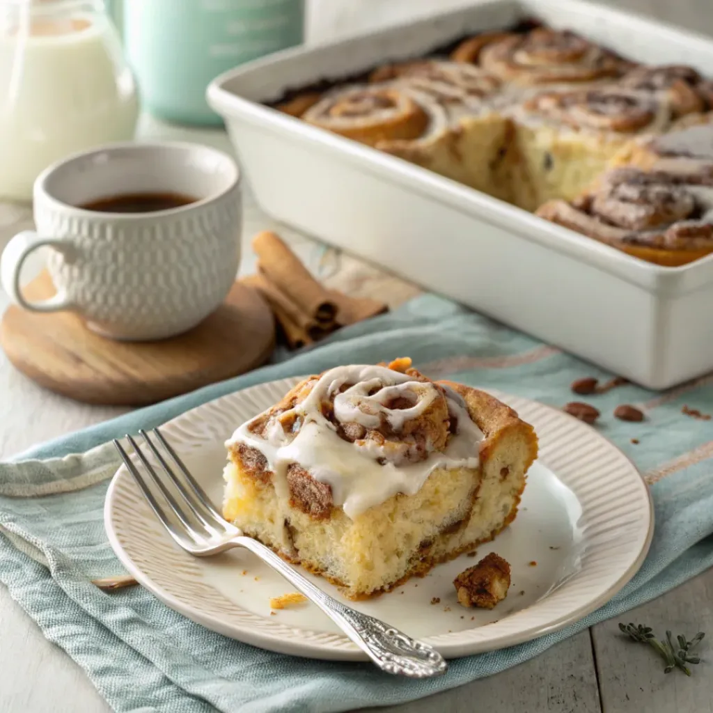 Cinnamon roll casserole slice ready to serve