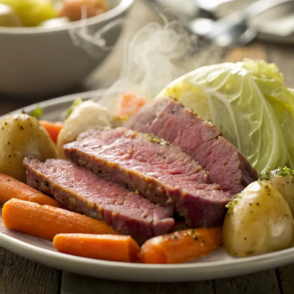 Plated classic corned beef with cabbage, carrots, and potatoes