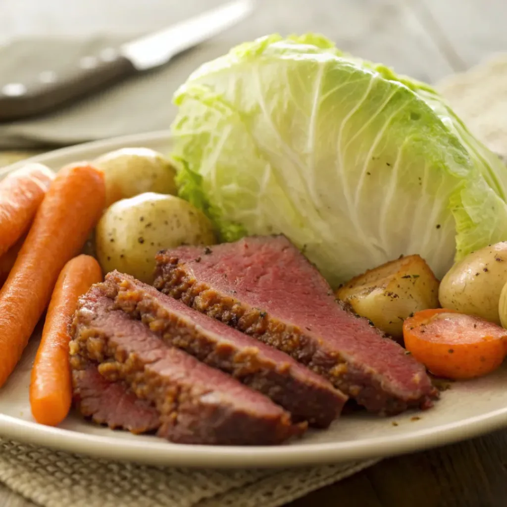 Plated corned beef and cabbage ready to eat