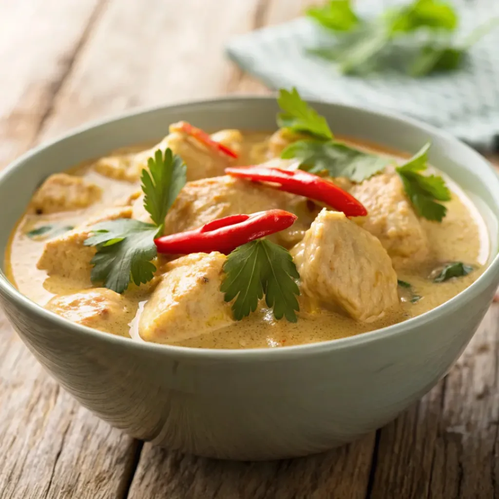 Bowl of coconut chicken curry with cilantro garnish