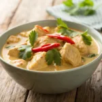 Bowl of coconut chicken curry with cilantro garnish