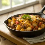 Skillet cowboy hash with potatoes, beef, peppers, and melted cheese