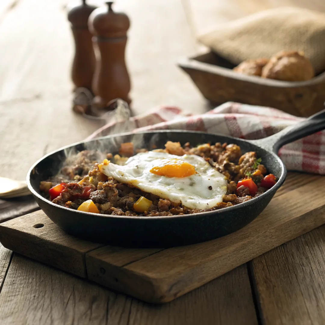 Cowboy Hash – Hearty One-Skillet Dinner 8 Cowboy hash topped with a fried egg in cast iron skillet