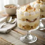Glass bowl creamy banana trifle with layers of banana, vanilla pudding, whipped cream, and wafers