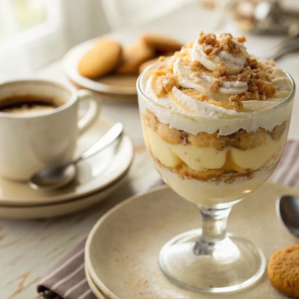 Finished banana trifle served in glass with coffee and cookies on the side