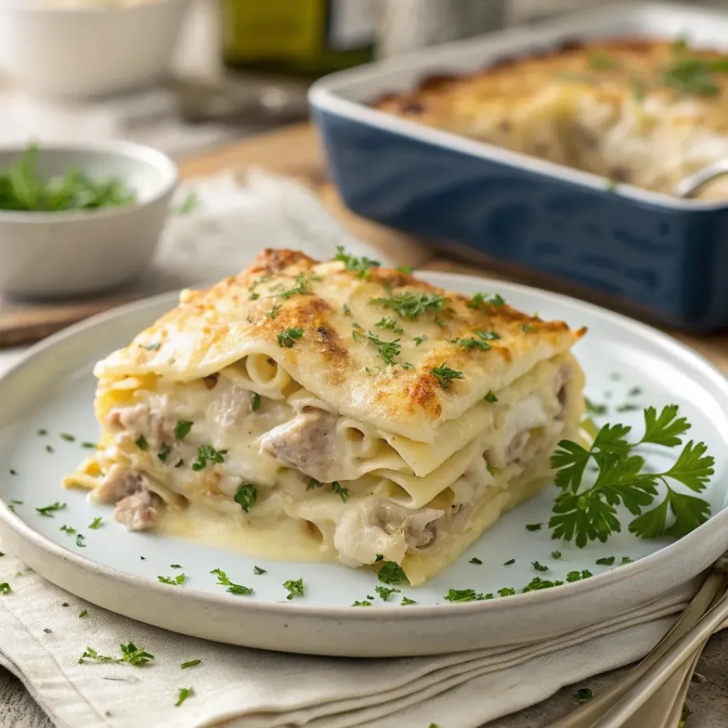 Slice of creamy chicken Alfredo lasagna served on a plate