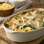 Creamy chicken and spinach pasta bake in a baking dish