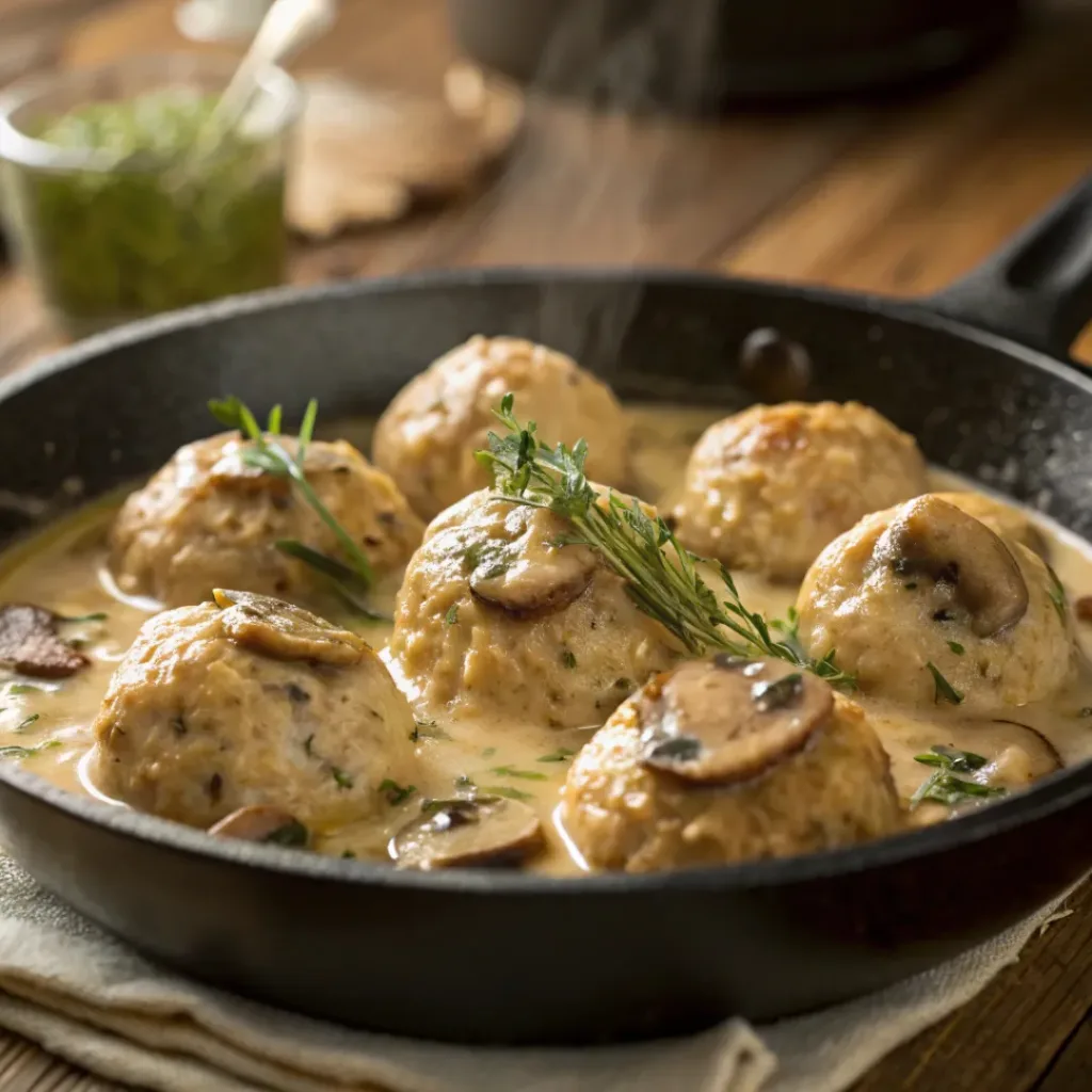 Creamy mushroom chicken meatballs served with pasta