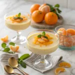 Silky orange mandarin posset dessert in a glass cup topped with mandarin segments and zest.