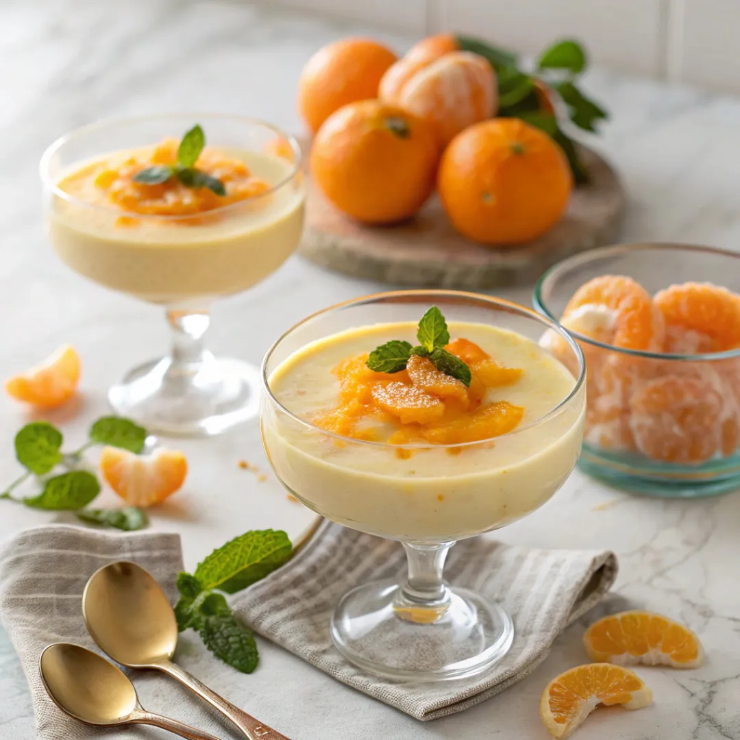 Silky orange mandarin posset dessert in a glass cup topped with mandarin segments and zest.